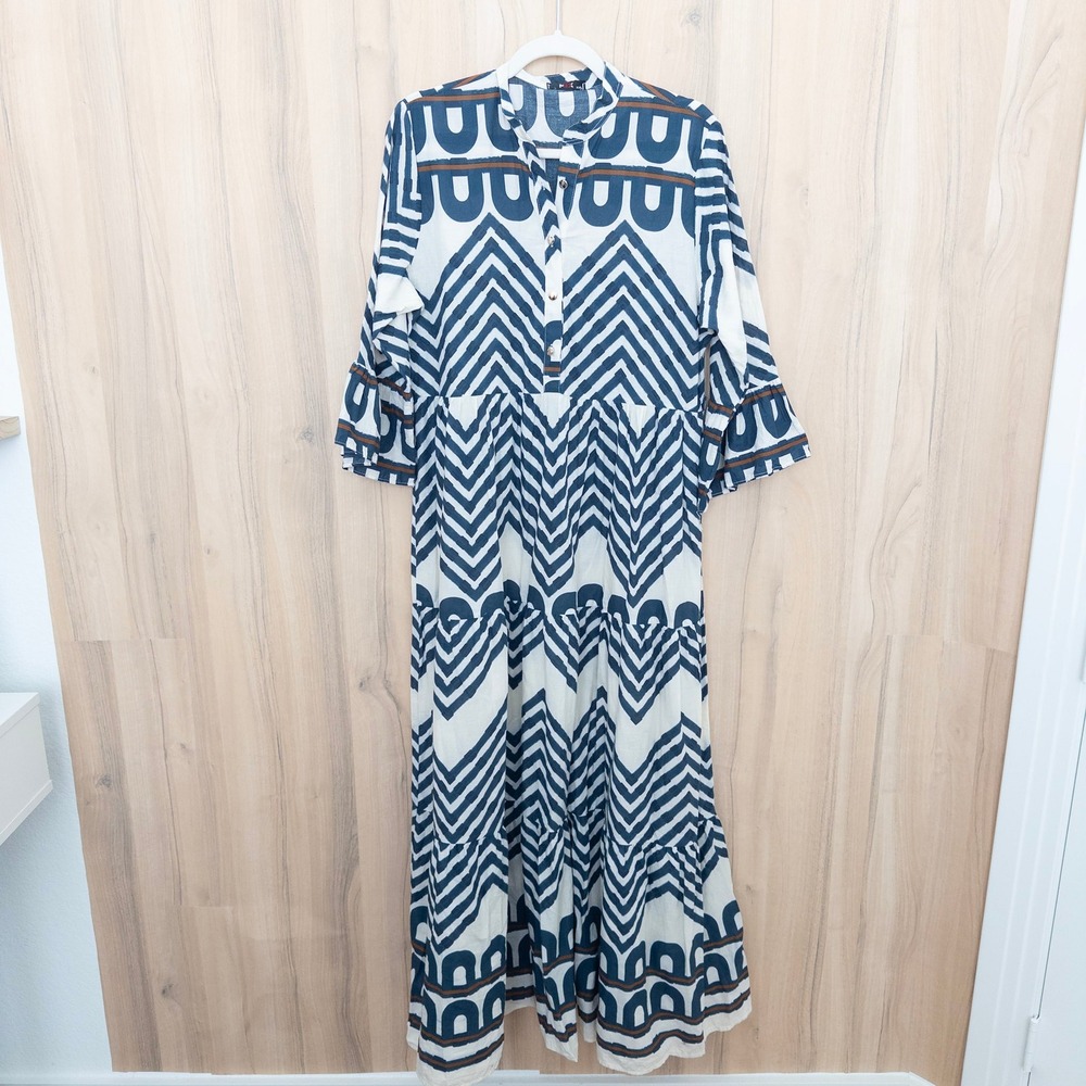 Boho Maxi Dress XXL Blue White Geometric Tiered Bell Sleeve Resort Coastal Chic